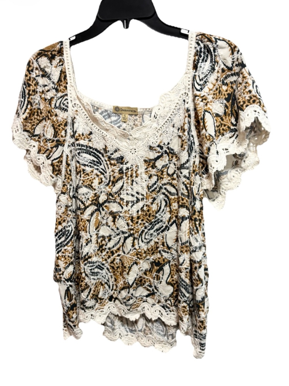 Democracy Crochet-Trim Floral Paisley Top - Cream, Black & Brown